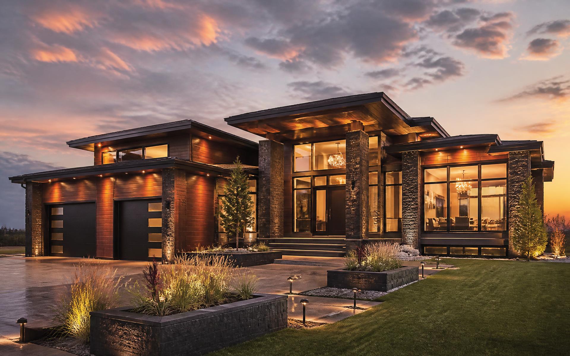 Luxury modern Saskatoon home at golden hour