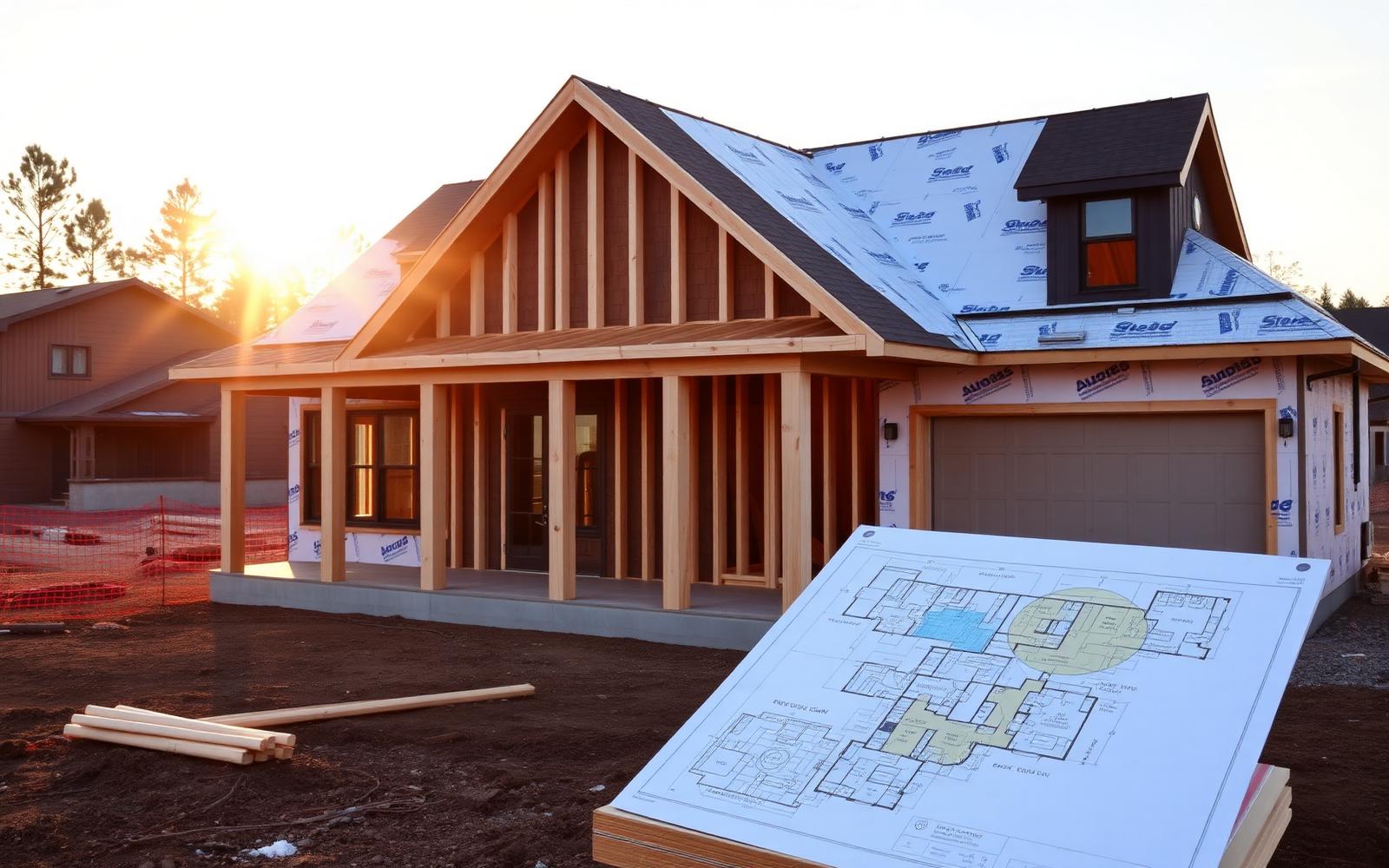 New home under construction with floor plans
