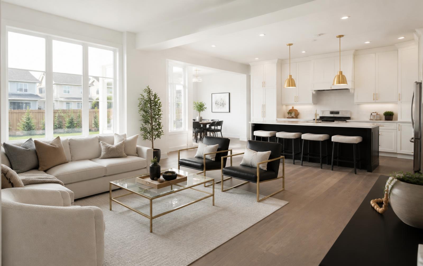 Bright open-concept living room and kitchen of a modern Saskatoon home