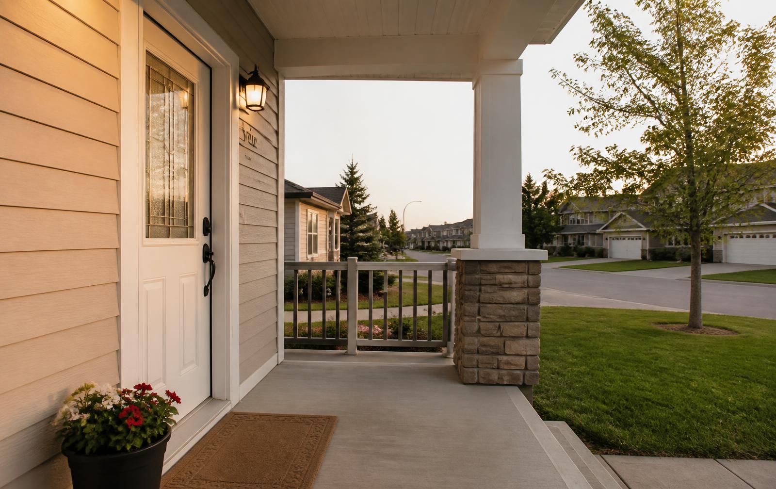 Welcoming front porch of a starter home at golden hour